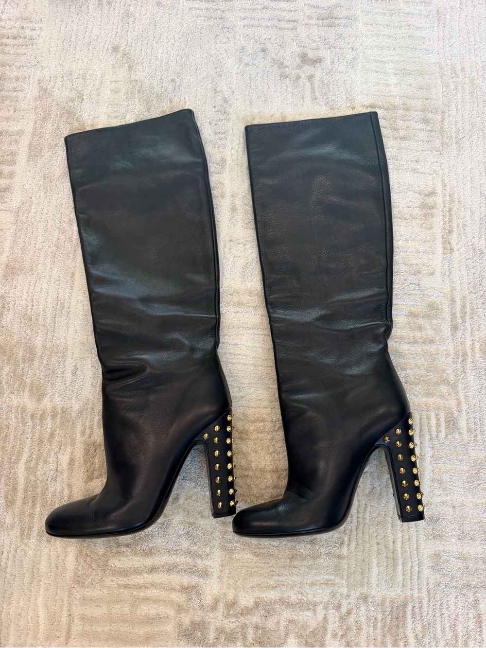 Gucci Black Leather Over-the-Knee Boots with Gold Stud Heels